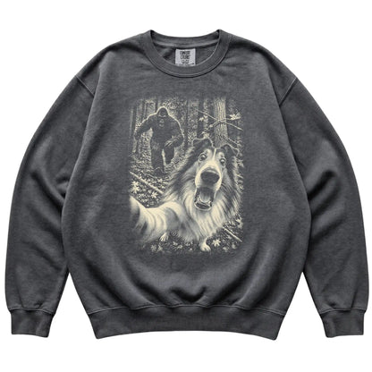 Pepper Collie Bigfoot selfie sweatshirt, full garment view