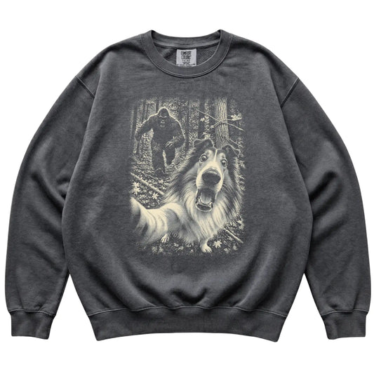 Pepper Collie Bigfoot selfie sweatshirt, full garment view