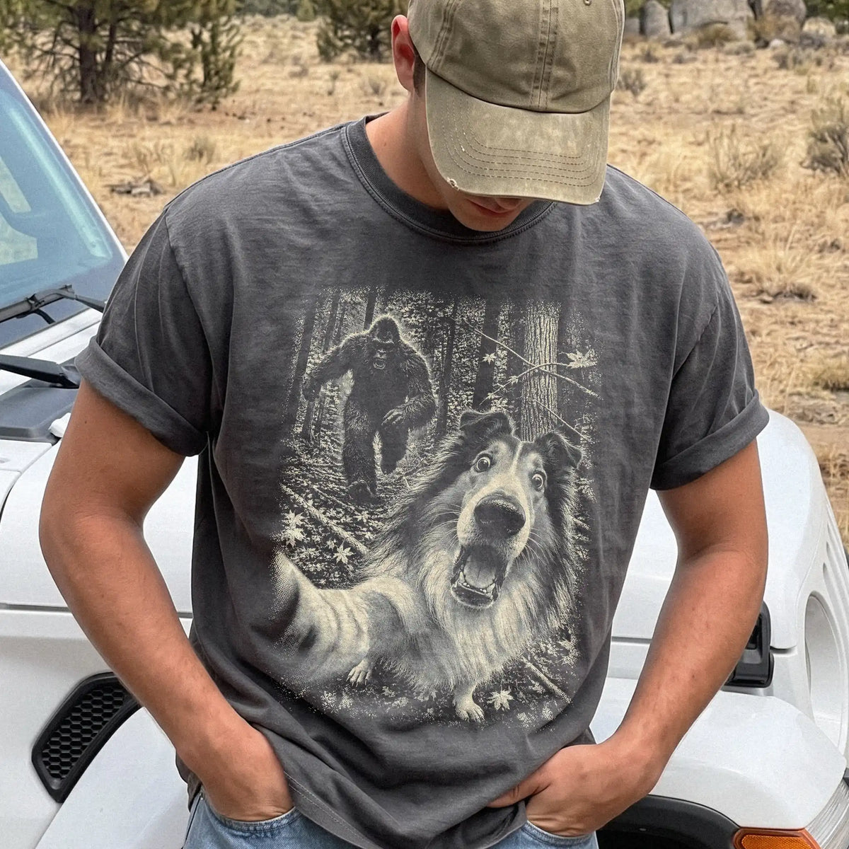 Pepper Collie Bigfoot selfie T-shirt, worn by a model