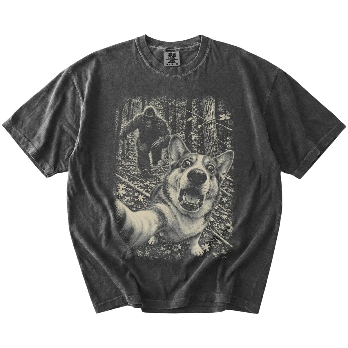 Pepper Corgi Bigfoot selfie T-shirt, full garment view
