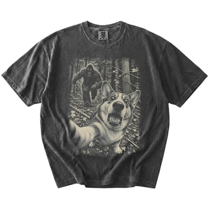 Pepper Corgi Bigfoot selfie T-shirt, full garment view