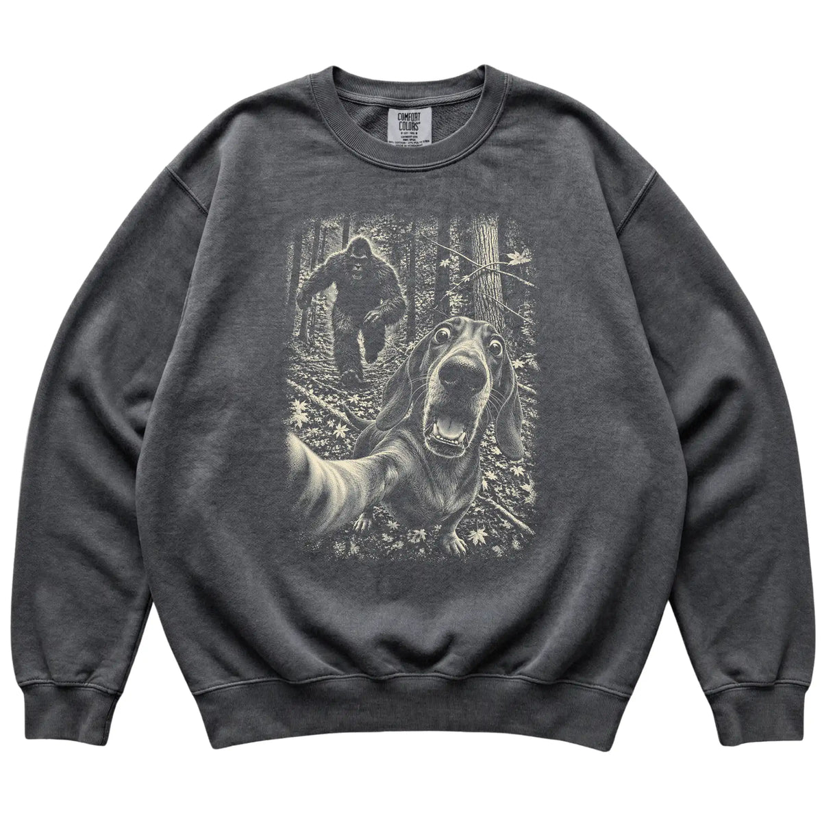 Pepper Dachshund Bigfoot selfie sweatshirt, full garment view