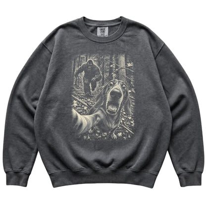 Pepper Dachshund Bigfoot selfie sweatshirt, full garment view