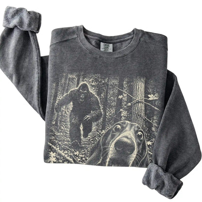 Pepper Dachshund Bigfoot selfie sweatshirt, close-up view