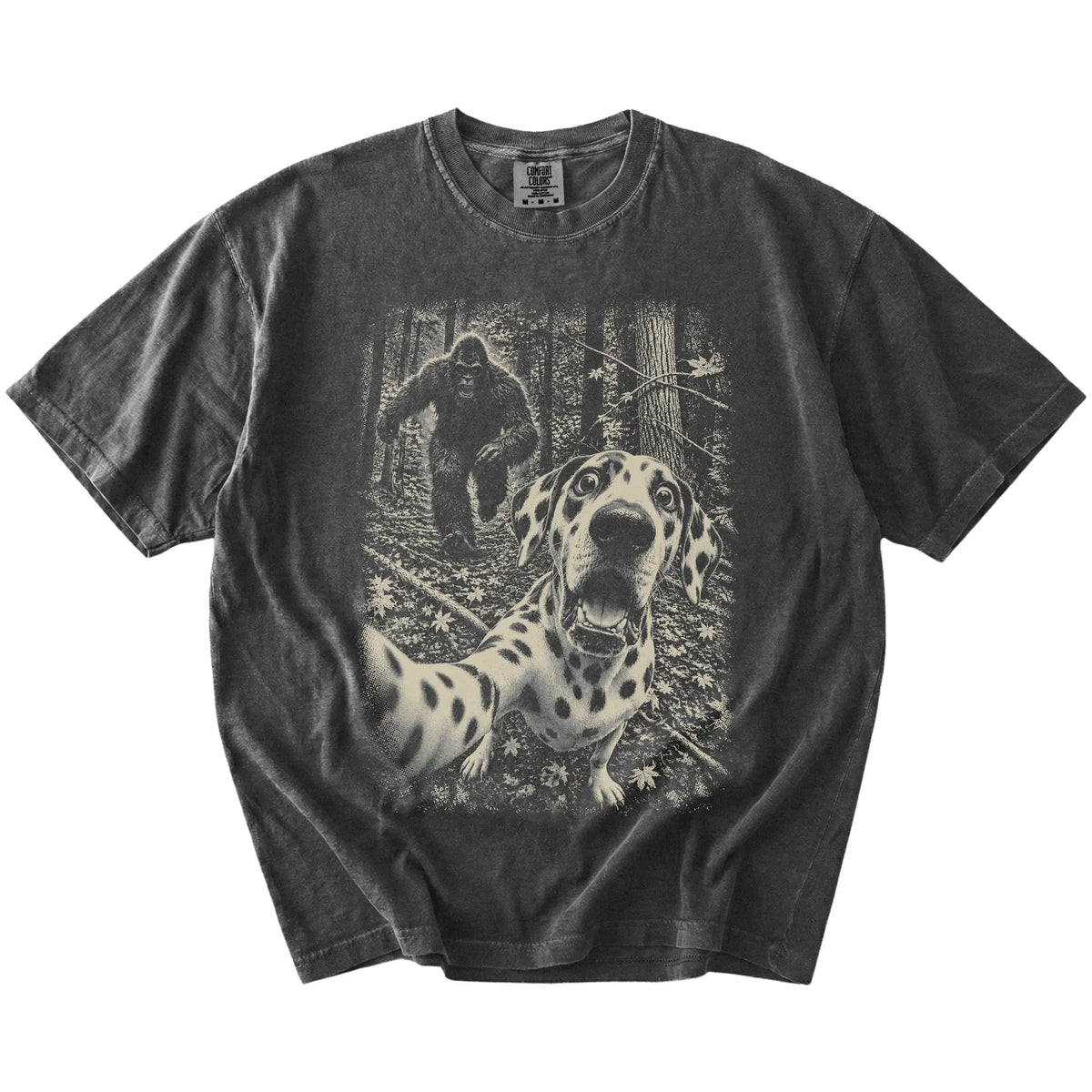Pepper Dalmatian Bigfoot selfie T-shirt, full garment view