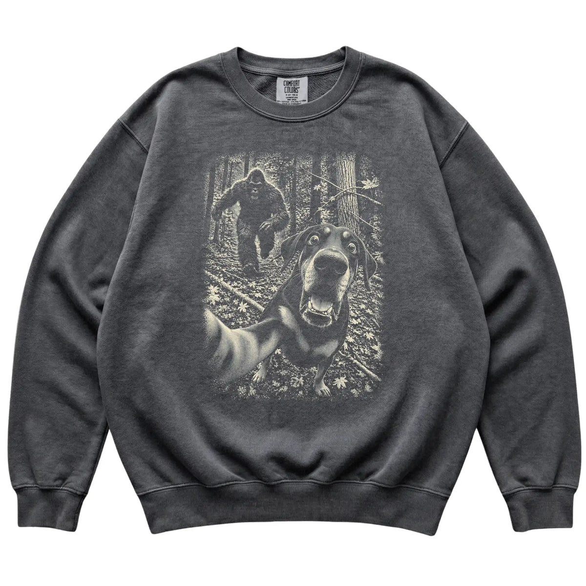 Pepper Doberman Bigfoot selfie sweatshirt, full garment view