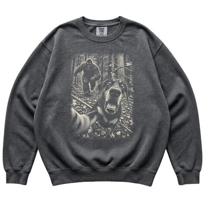 Pepper Doberman Bigfoot selfie sweatshirt, full garment view