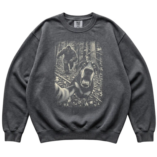 Pepper Doberman Bigfoot selfie sweatshirt, full garment view