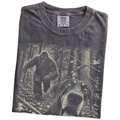 Pepper Doberman Bigfoot selfie T-shirt, close-up view