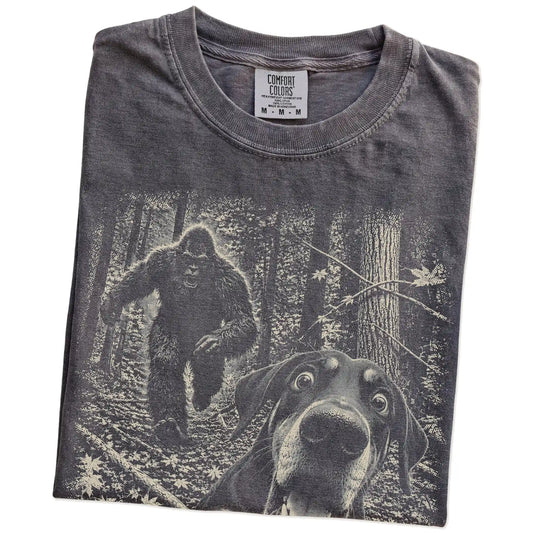 Pepper Doberman Bigfoot selfie T-shirt, close-up view