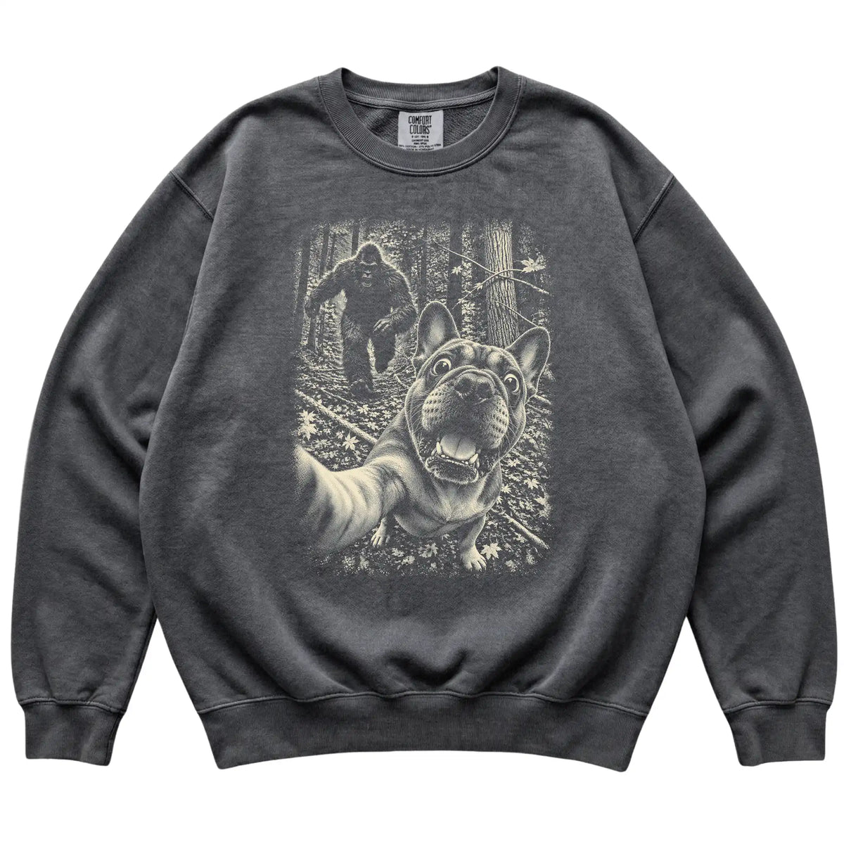 Pepper French Bulldog Bigfoot selfie sweatshirt, full garment view