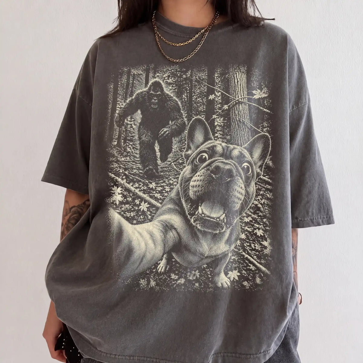 Pepper French Bulldog Bigfoot selfie T-shirt, worn by a model