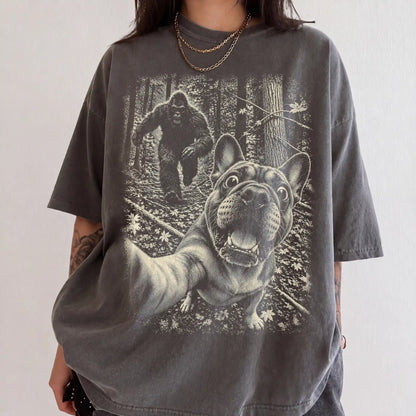 Pepper French Bulldog Bigfoot selfie T-shirt, worn by a model