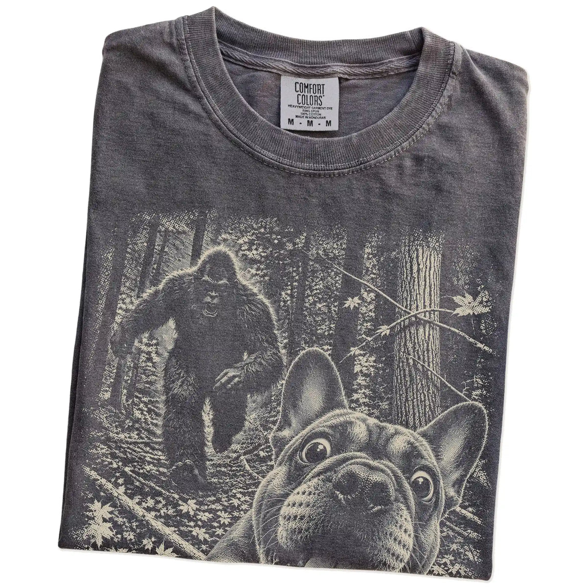 Pepper French Bulldog Bigfoot selfie T-shirt, close-up view
