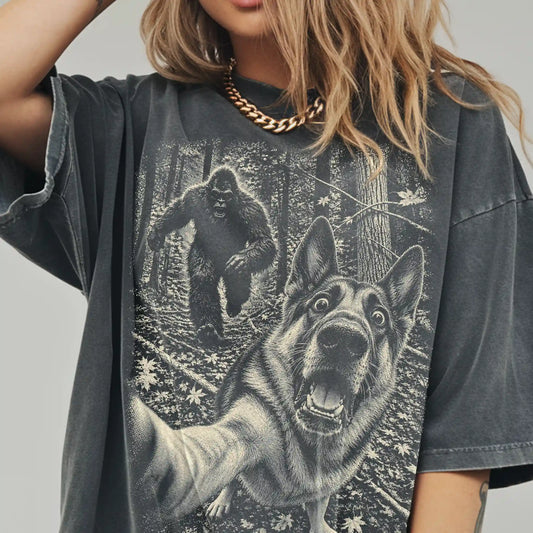 Pepper German Shepherd Bigfoot selfie T-shirt, worn by a model