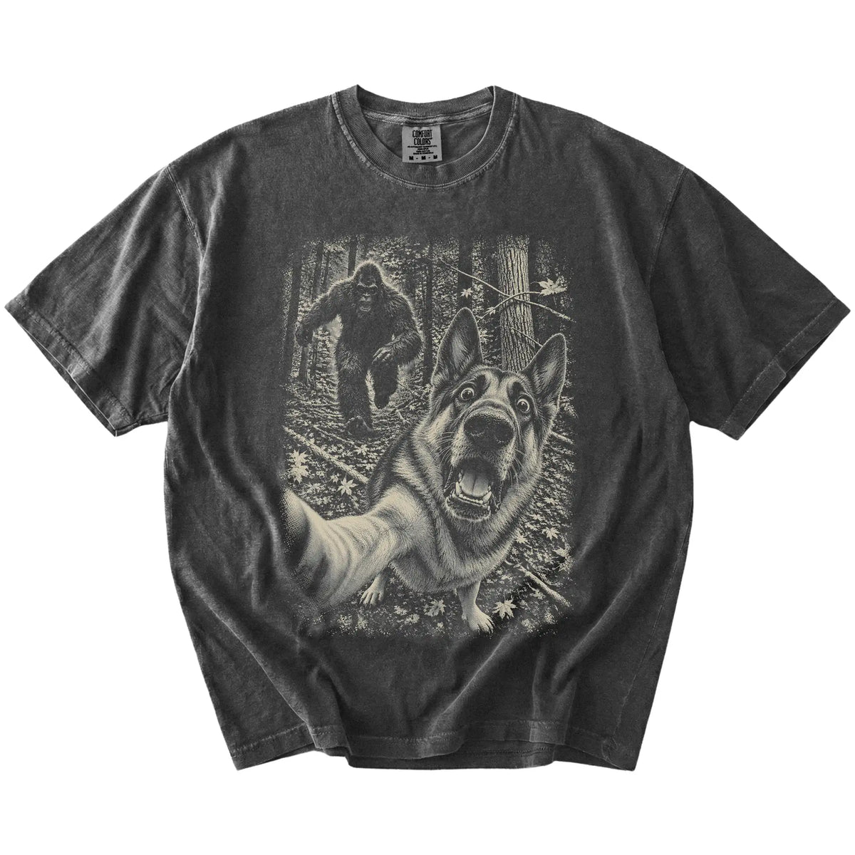 Pepper German Shepherd Bigfoot selfie T-shirt, full garment view