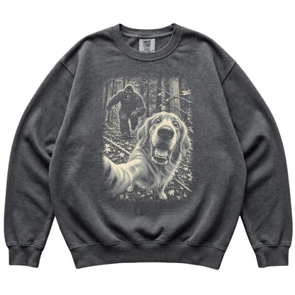 Pepper Golden Retriever Bigfoot selfie sweatshirt, full garment view