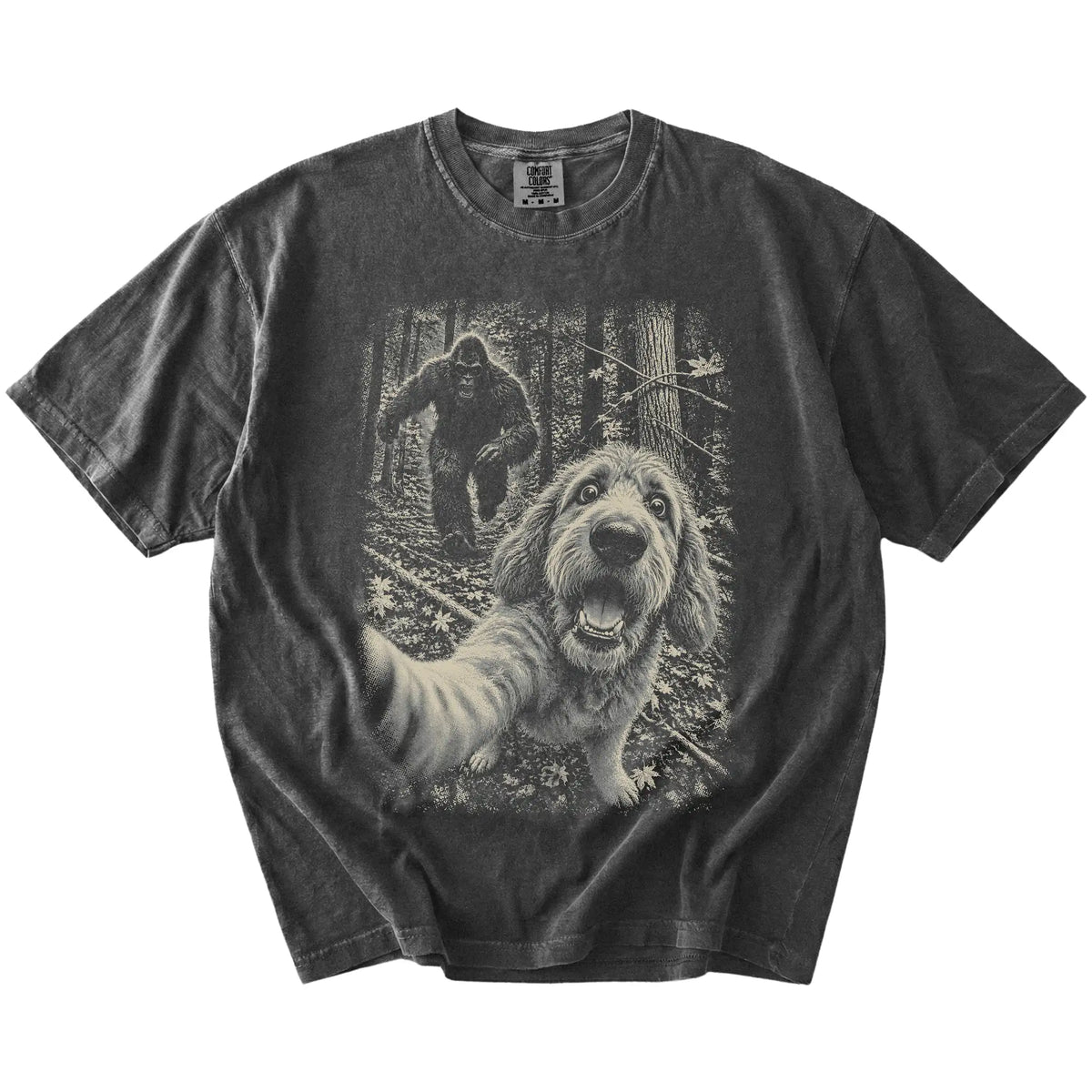 Pepper Goldendoodle Bigfoot selfie T-shirt, full garment view