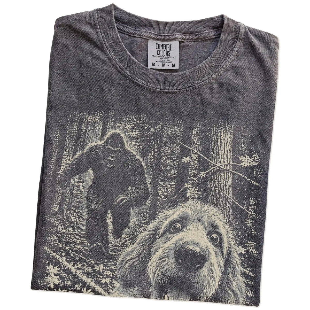 Pepper Goldendoodle Bigfoot selfie T-shirt, close-up view