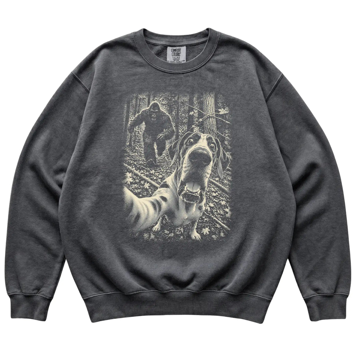 Pepper Great Dane Bigfoot selfie sweatshirt, full garment view