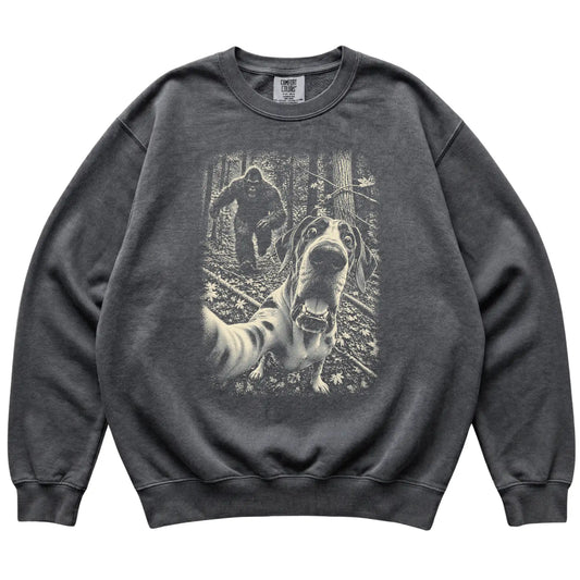 Pepper Great Dane Bigfoot selfie sweatshirt, full garment view