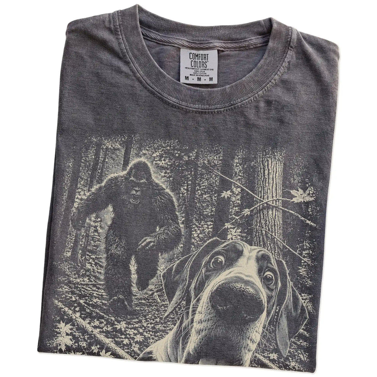 Pepper Great Dane Bigfoot selfie T-shirt, close-up view