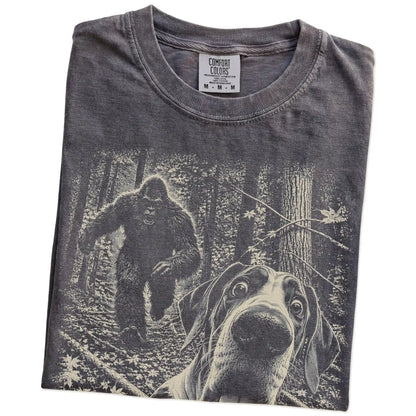 Pepper Great Dane Bigfoot selfie T-shirt, close-up view