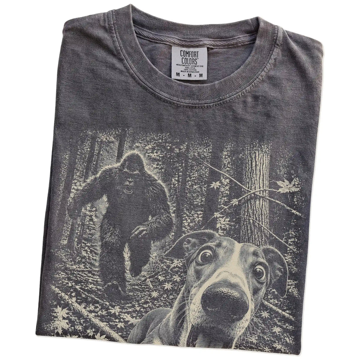 Pepper Greyhound Bigfoot selfie T-shirt, close-up view