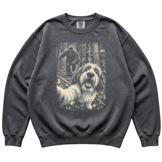 Pepper Havanese Bigfoot selfie sweatshirt, full garment view