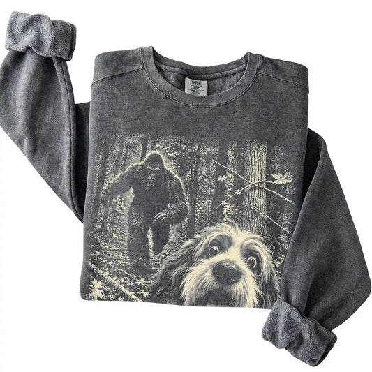 Pepper Havanese Bigfoot selfie sweatshirt, close-up view
