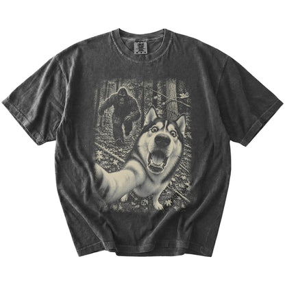 Pepper Husky Bigfoot selfie T-shirt, full garment view