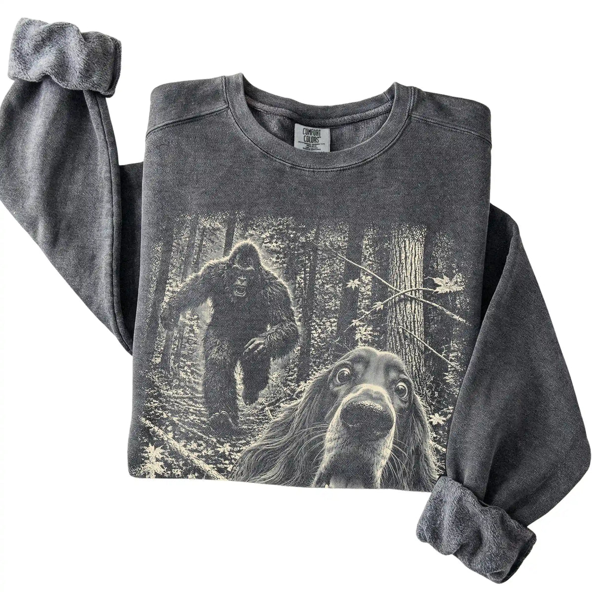Pepper Irish Setter Bigfoot selfie sweatshirt, close-up view