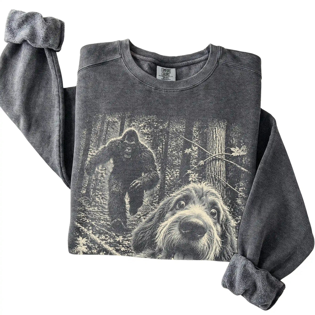 Pepper Labradoodle Bigfoot selfie sweatshirt, close-up view