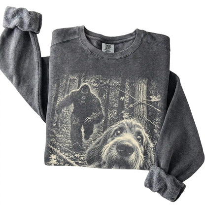Pepper Labradoodle Bigfoot selfie sweatshirt, close-up view