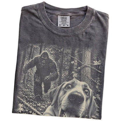 Pepper Labrador Retriever Bigfoot selfie T-shirt, close-up view