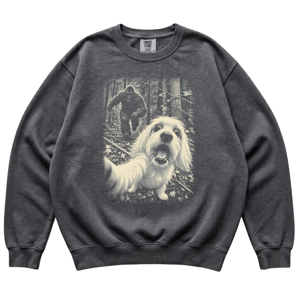 Pepper Maltese Bigfoot selfie sweatshirt, full garment view