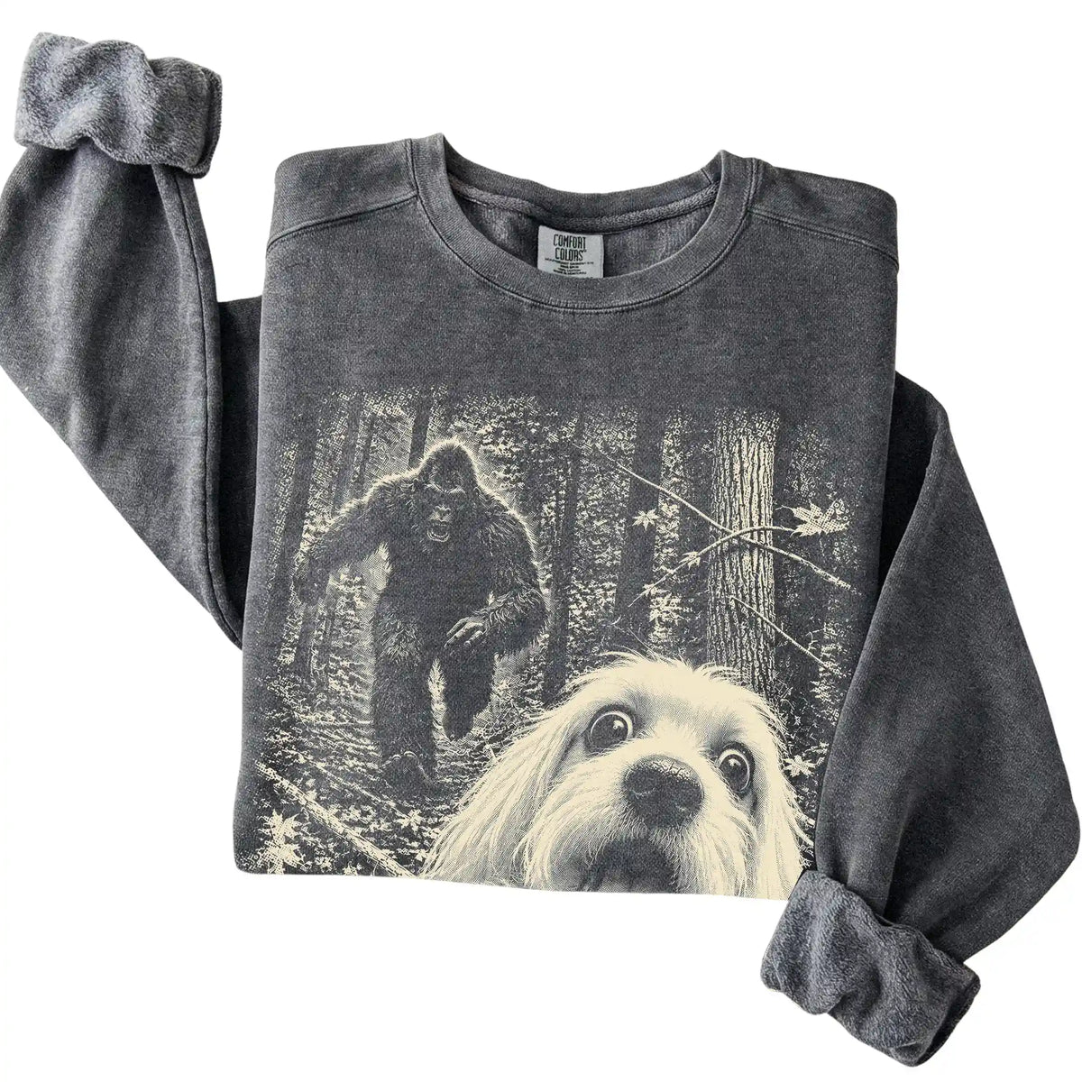 Pepper Maltese Bigfoot selfie sweatshirt, close-up view