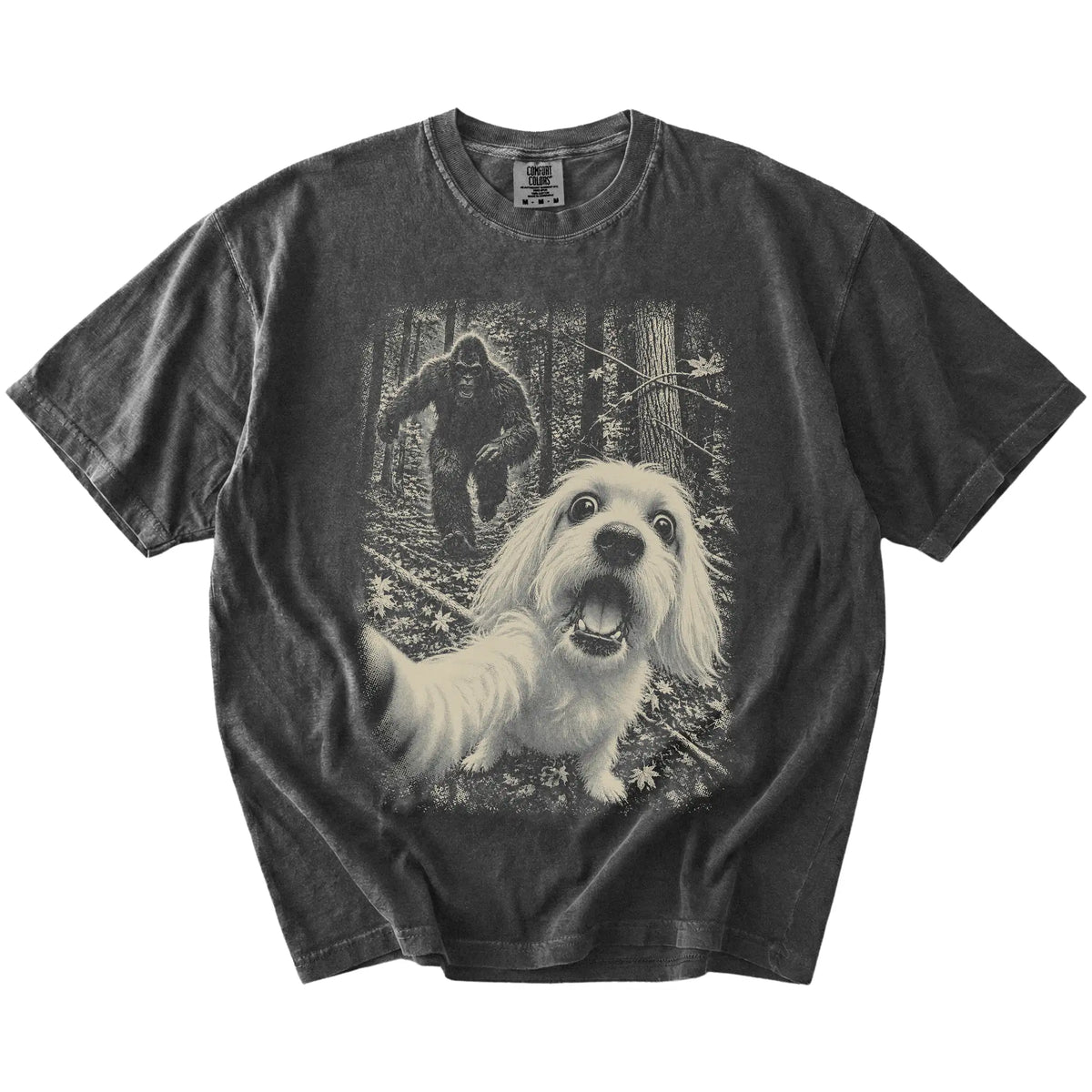 Pepper Maltese Bigfoot selfie T-shirt, full garment view