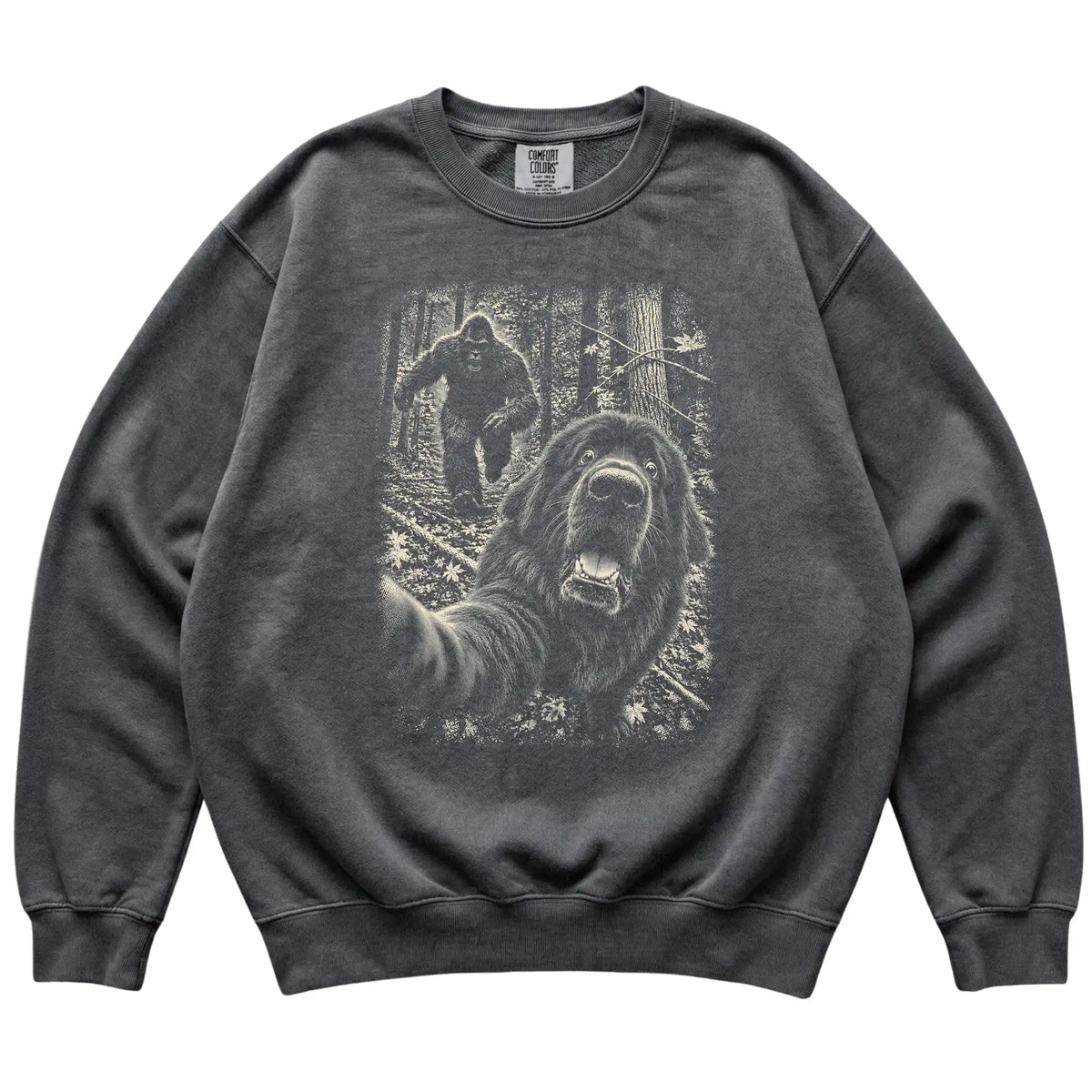 Pepper Newfie Bigfoot selfie sweatshirt, full garment view