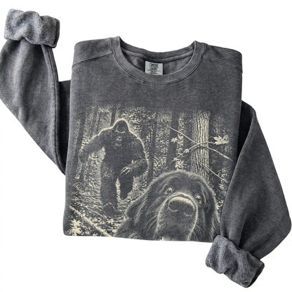 Pepper Newfie Bigfoot selfie sweatshirt, close-up view
