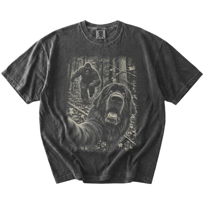 Pepper Newfie Bigfoot selfie T-shirt, full garment view
