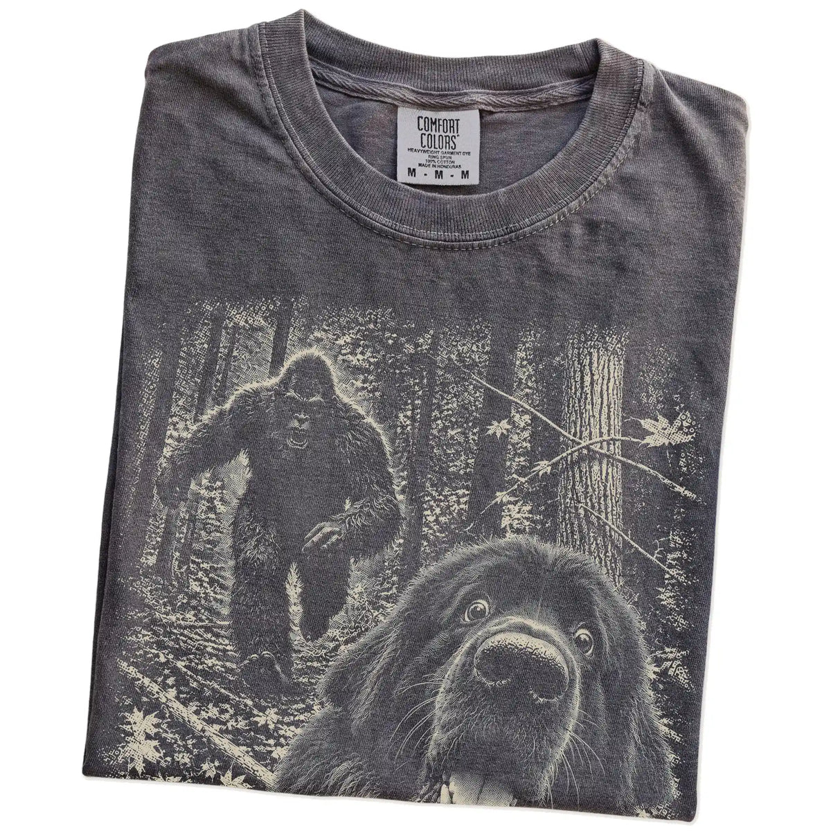 Pepper Newfie Bigfoot selfie T-shirt, close-up view