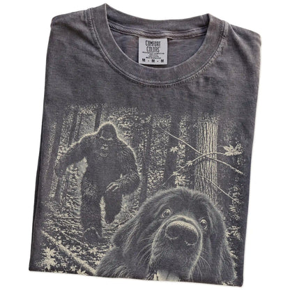 Pepper Newfie Bigfoot selfie T-shirt, close-up view