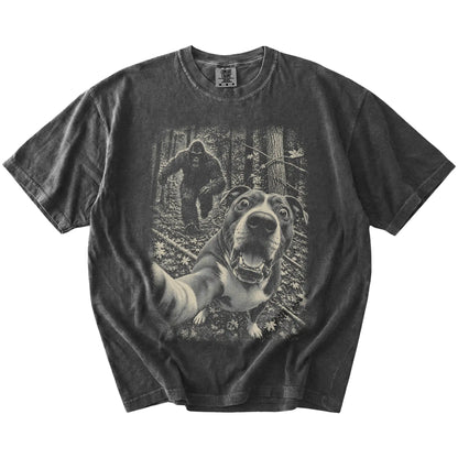 Pepper Pitbull Bigfoot selfie T-shirt, full garment view