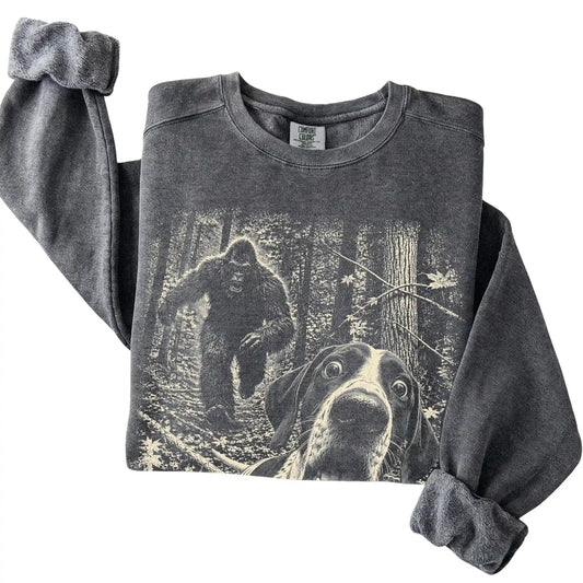 Pepper Pointer Bigfoot selfie sweatshirt, close-up view