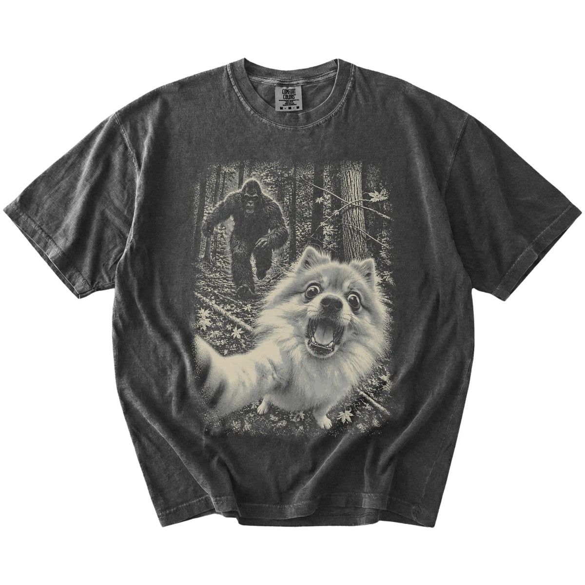 Pepper Pomeranian Bigfoot selfie T-shirt, full garment view