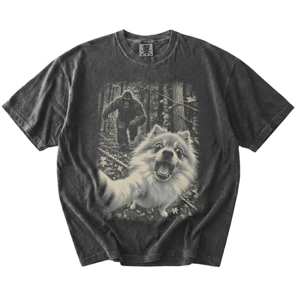 Pepper Pomeranian Bigfoot selfie T-shirt, full garment view