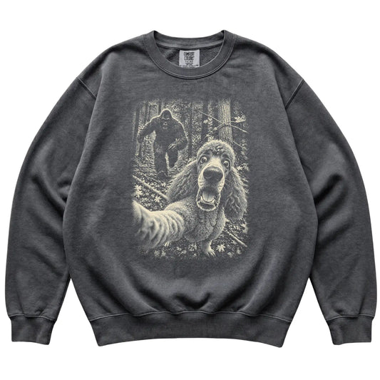 Pepper Poodle Bigfoot selfie sweatshirt, full garment view
