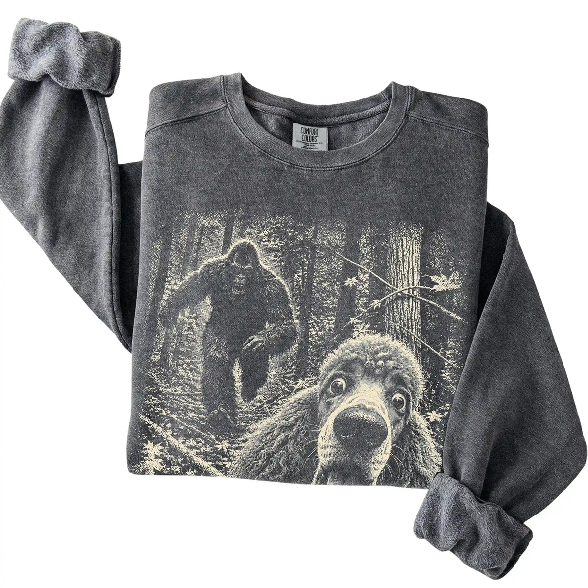 Pepper Poodle Bigfoot selfie sweatshirt, close-up view