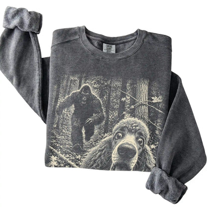 Pepper Poodle Bigfoot selfie sweatshirt, close-up view